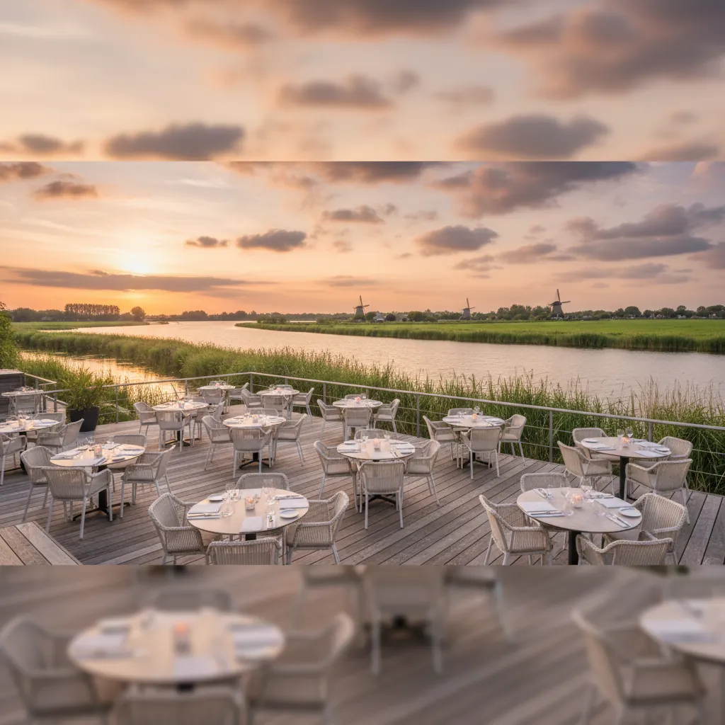 Terras aan de Nieuwkoopse Plassen bij zonsondergang